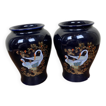Lot de 2 vases en céramique italienne noir motif cygne