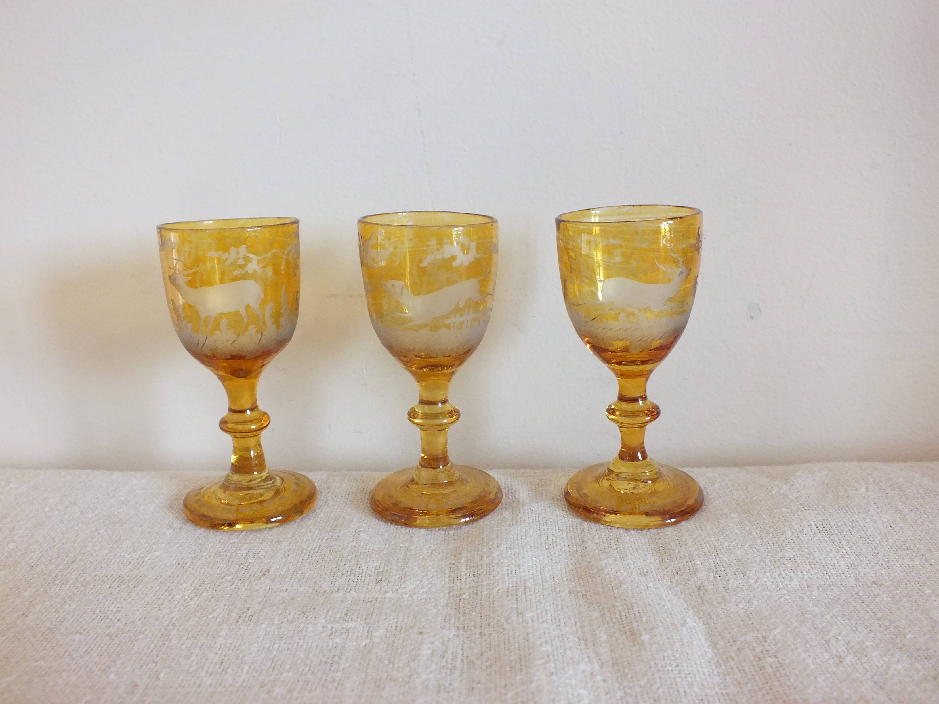 3 amber liquor glasses in Bohemian crystal