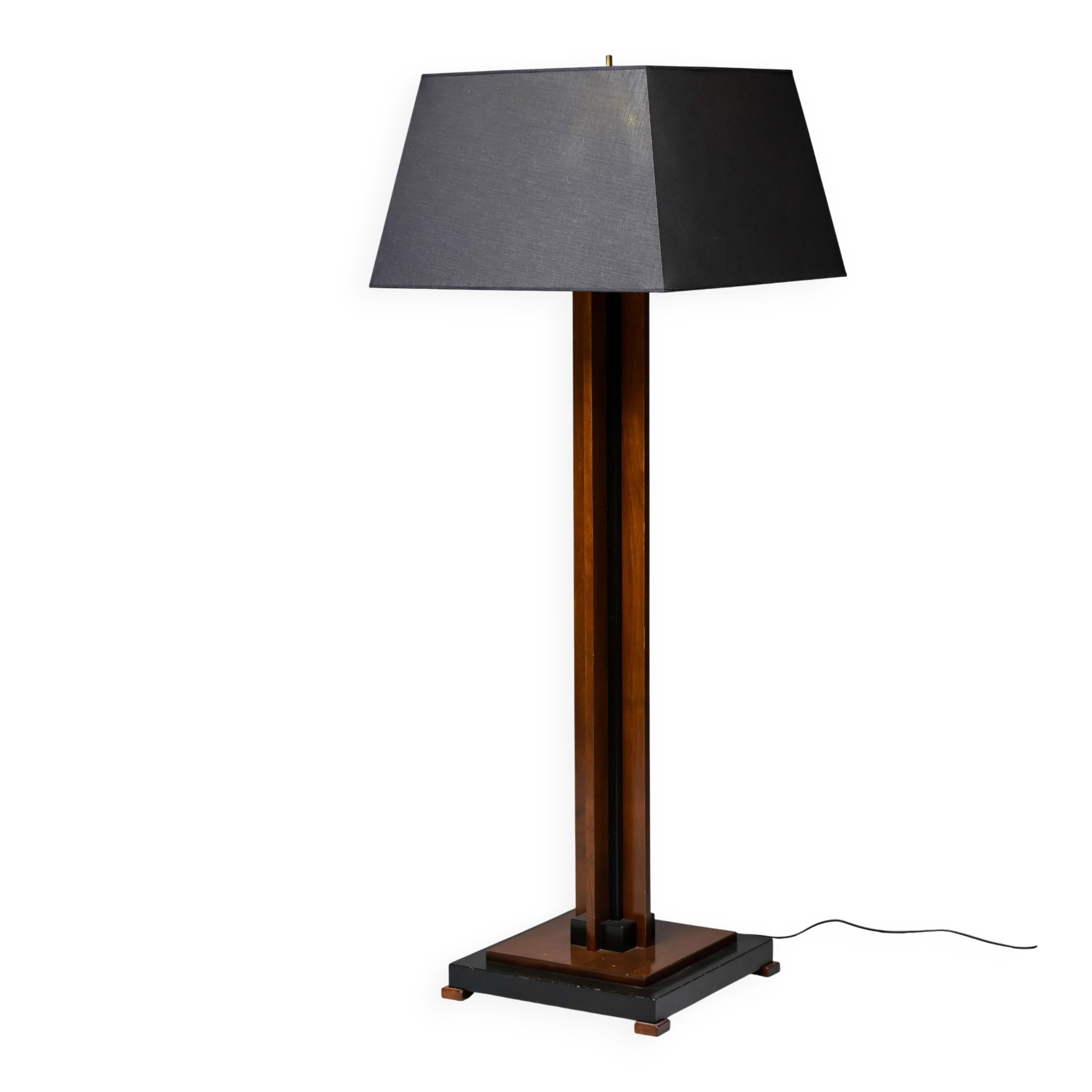 Amsterdam School floor lamp in partially ebonised cherry with a black linen shade.