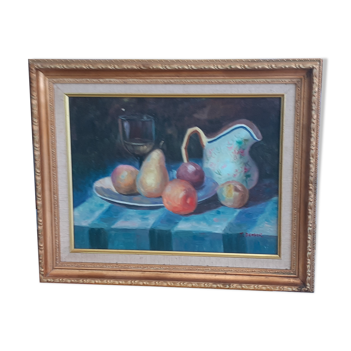Old painting Still Life. Oil on canvas. Golden frame.T. Denver.