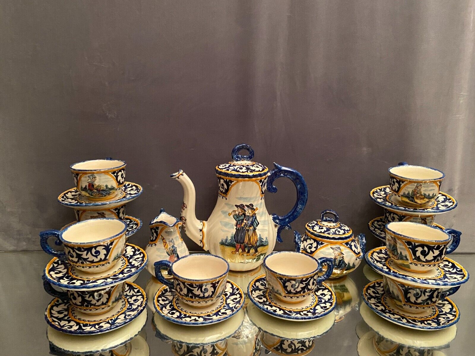 Tea service full coffee earthenware Quimper Henriot cups sugar bowl pot milk jar