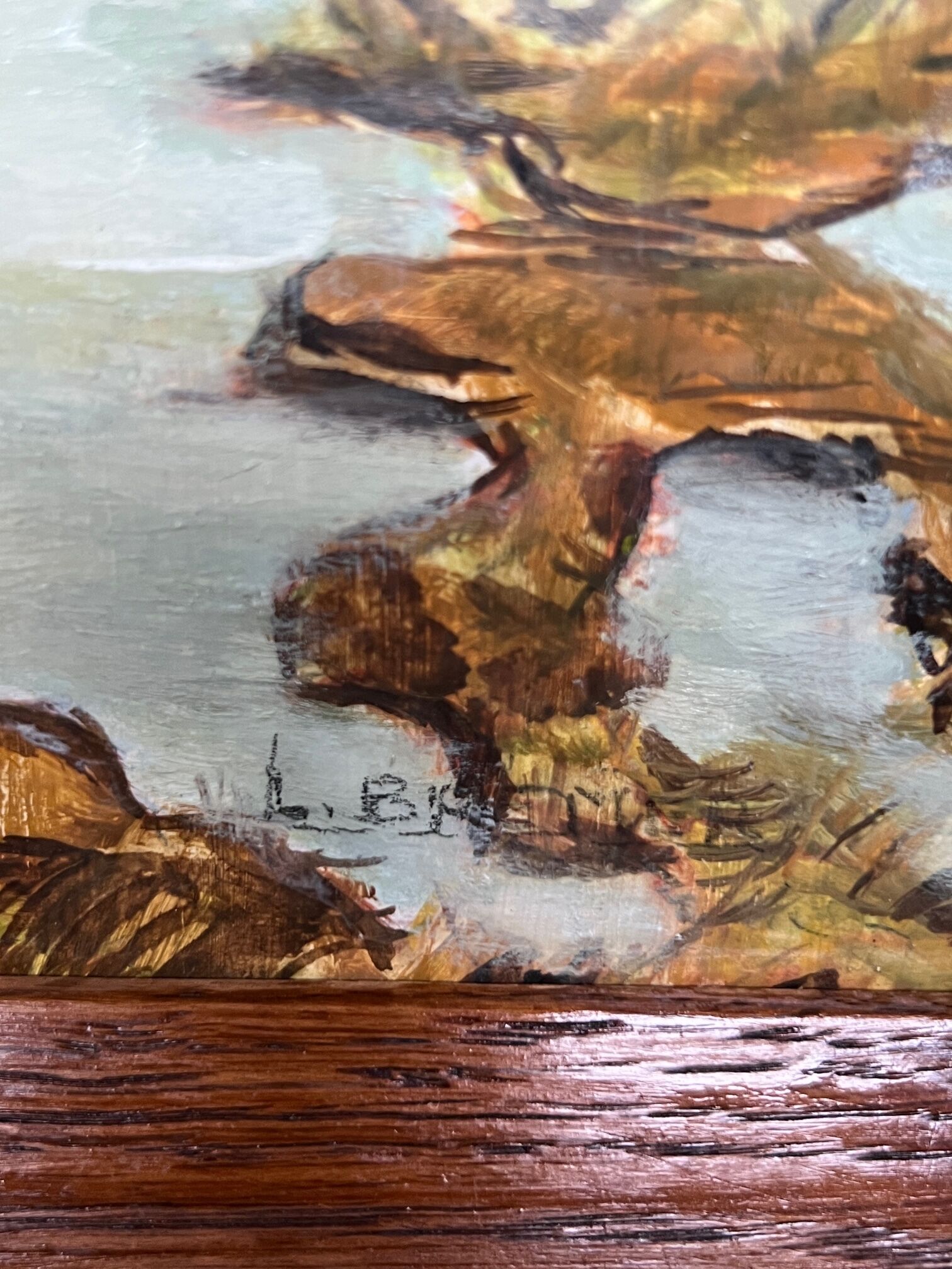 "Dogs on the hunt". Signature. Oil on panel.