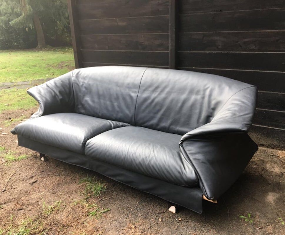 Blue-Grey Leather Sofa by Saporiti, 1980s