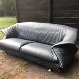 Blue-Grey Leather Sofa by Saporiti, 1980s