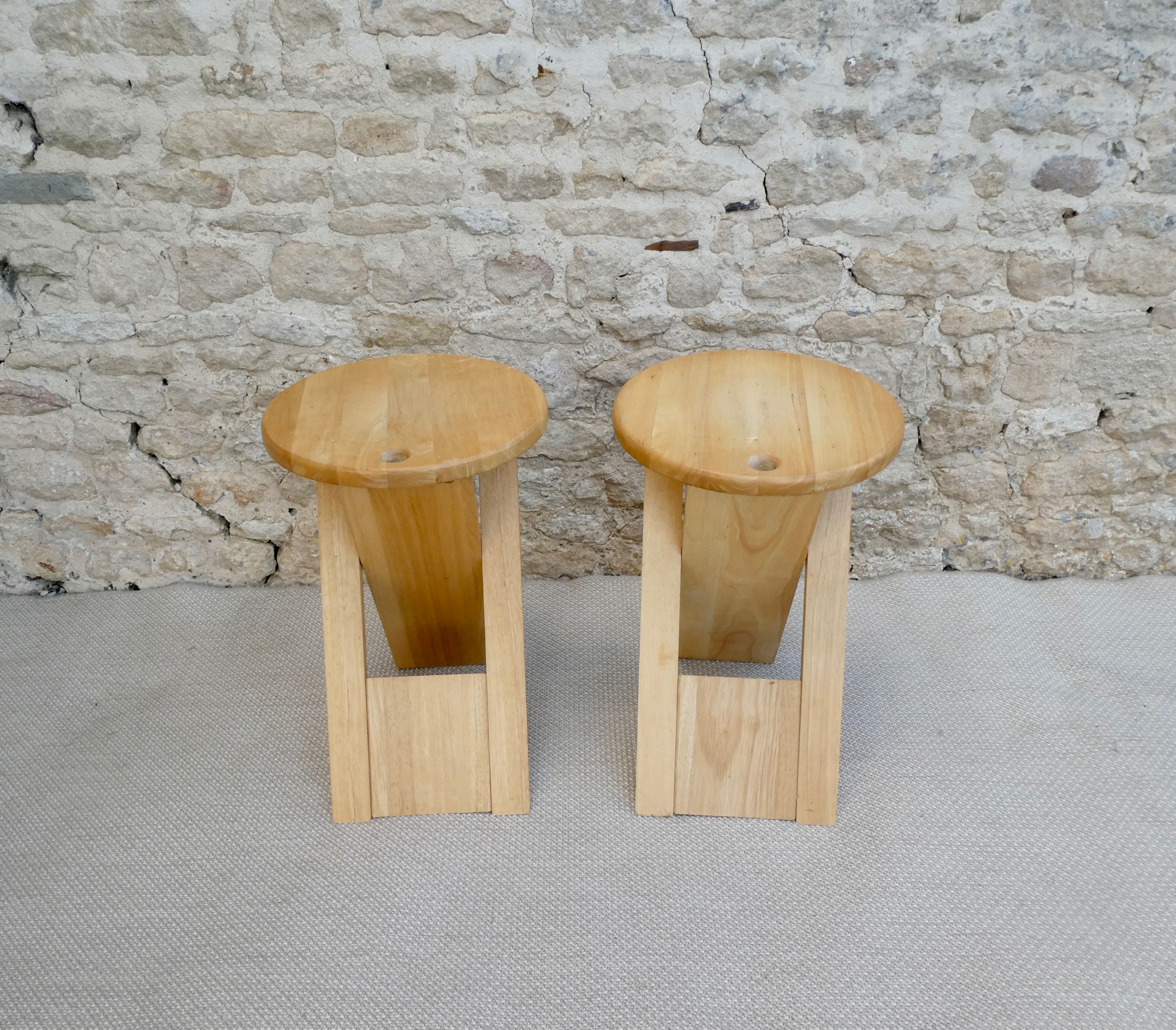 Pair of Adrian Reed wooden folding stools, 70s