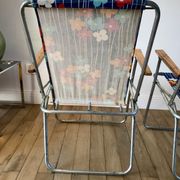 Pair of vintage camping chairs floral and wood fabrics 70s