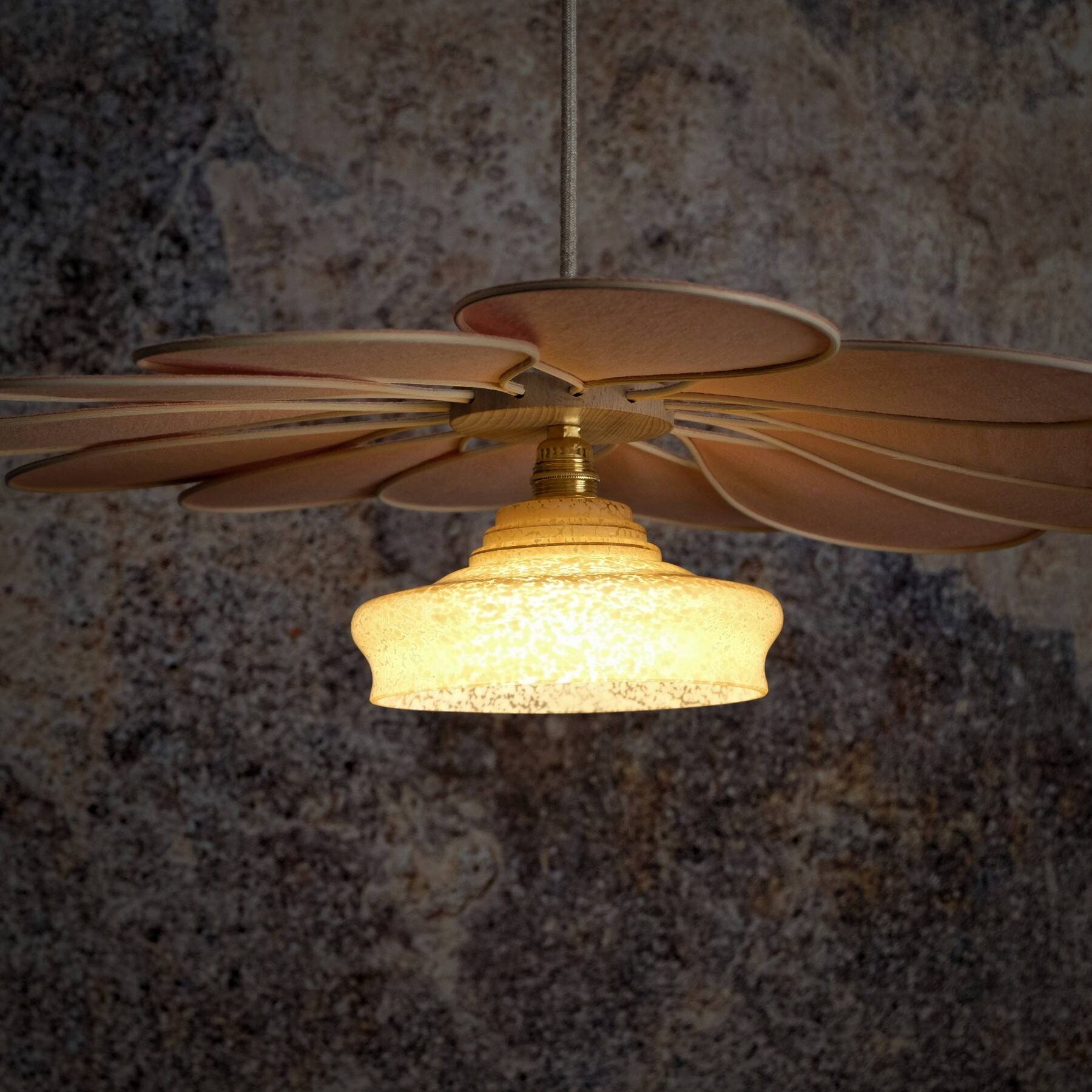 Rattan and Pink Linen Flower Pendant Light and Vintage Clichy Glass Globe