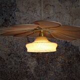 Rattan and Pink Linen Flower Pendant Light and Vintage Clichy Glass Globe