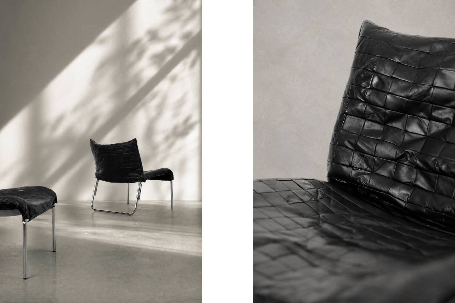 Chaises longues en cuir noir patchwork suédoises modernes du milieu du siècle d'IKEA