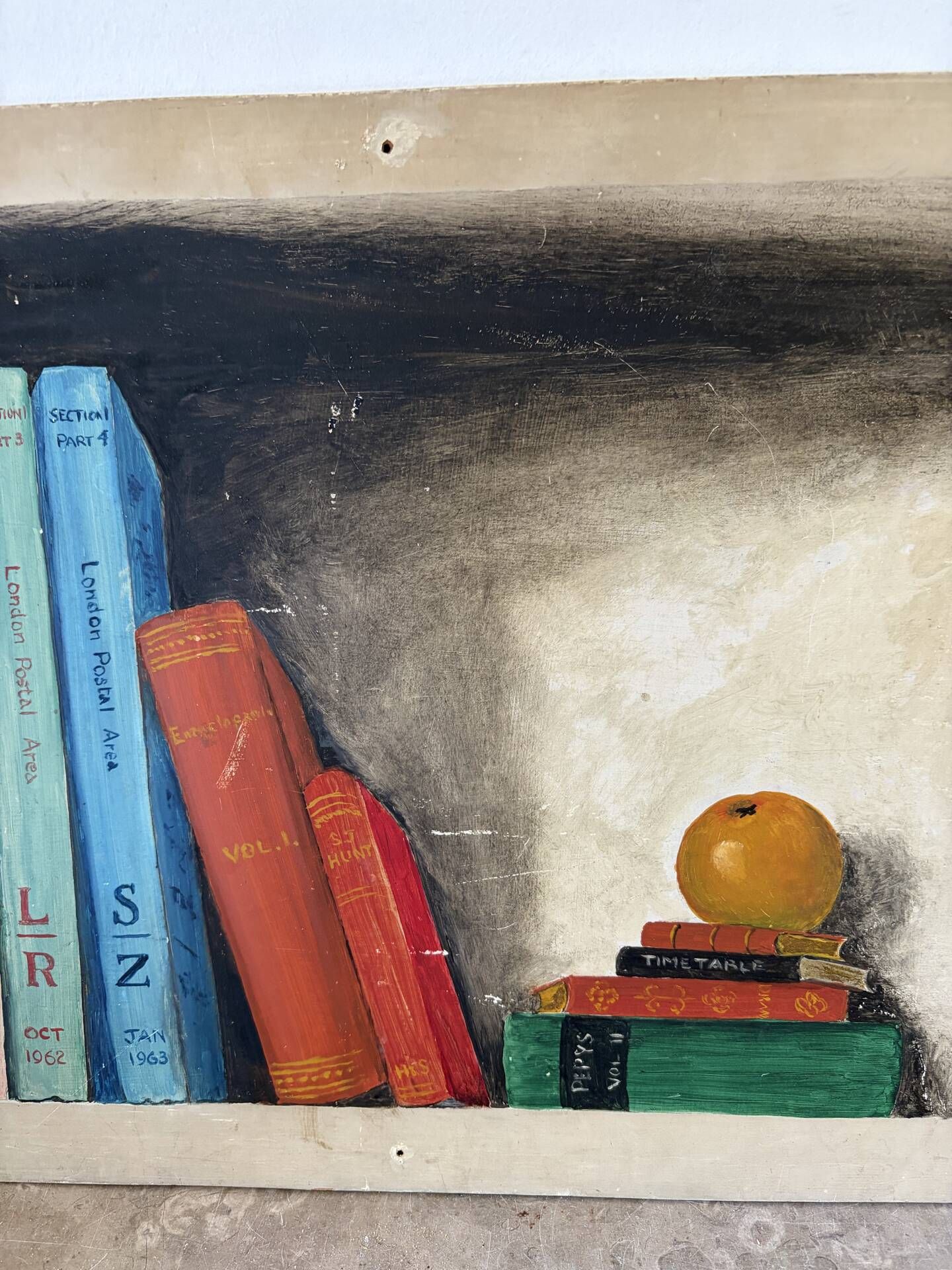 “The Bookshelf” London shelves by R Steed, oil on panel