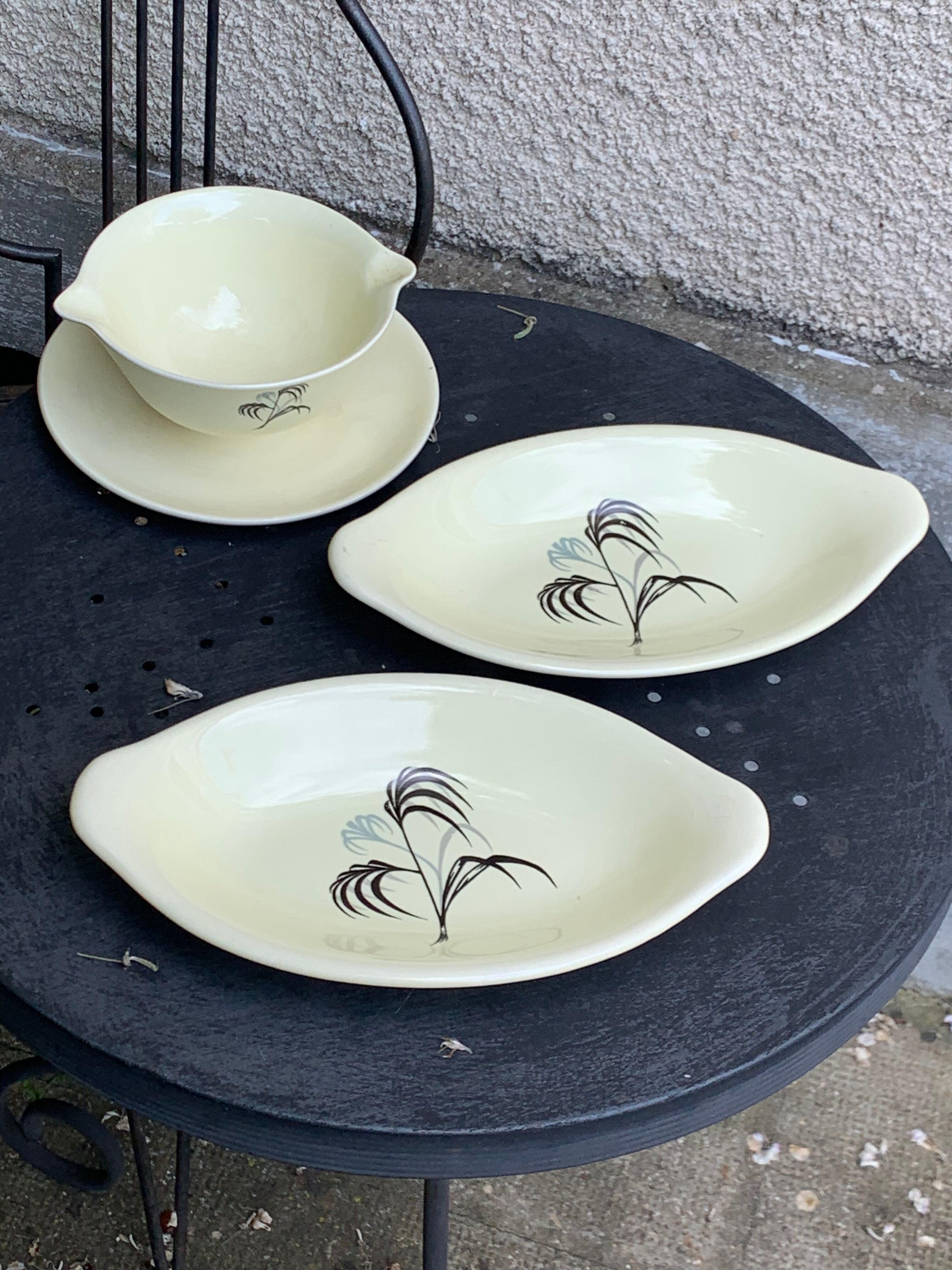 Two serving dishes and a gravy boat model las palmas in fine earthenware salins france vintage