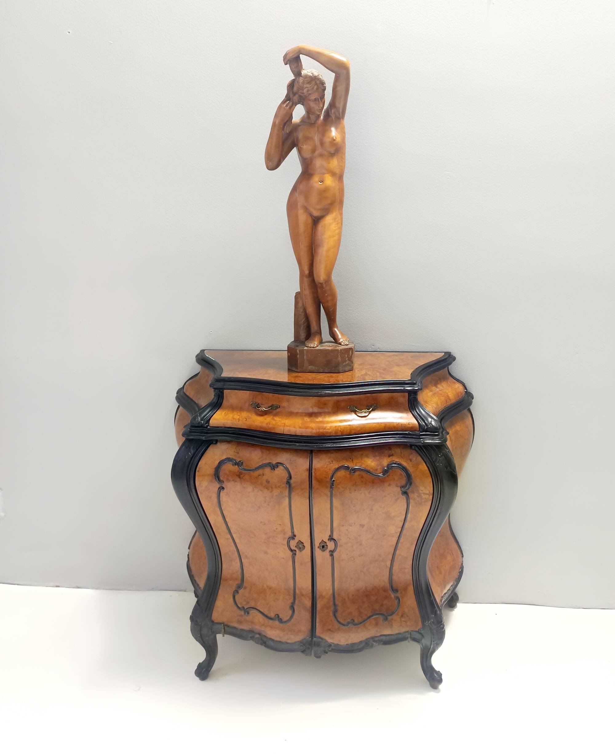 Ebonized Beech and Walnut-Root Cabinet with a Glass Top, Brianza, Italy