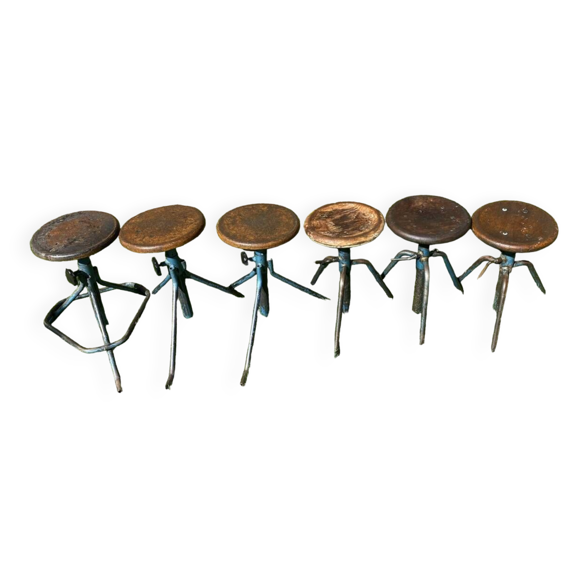 6 adjustable industrial workshop stools, 50s/60s