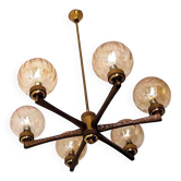 Angelo Brotto intricate gold-plated brass chandelier 6 globes, Italy 1960s