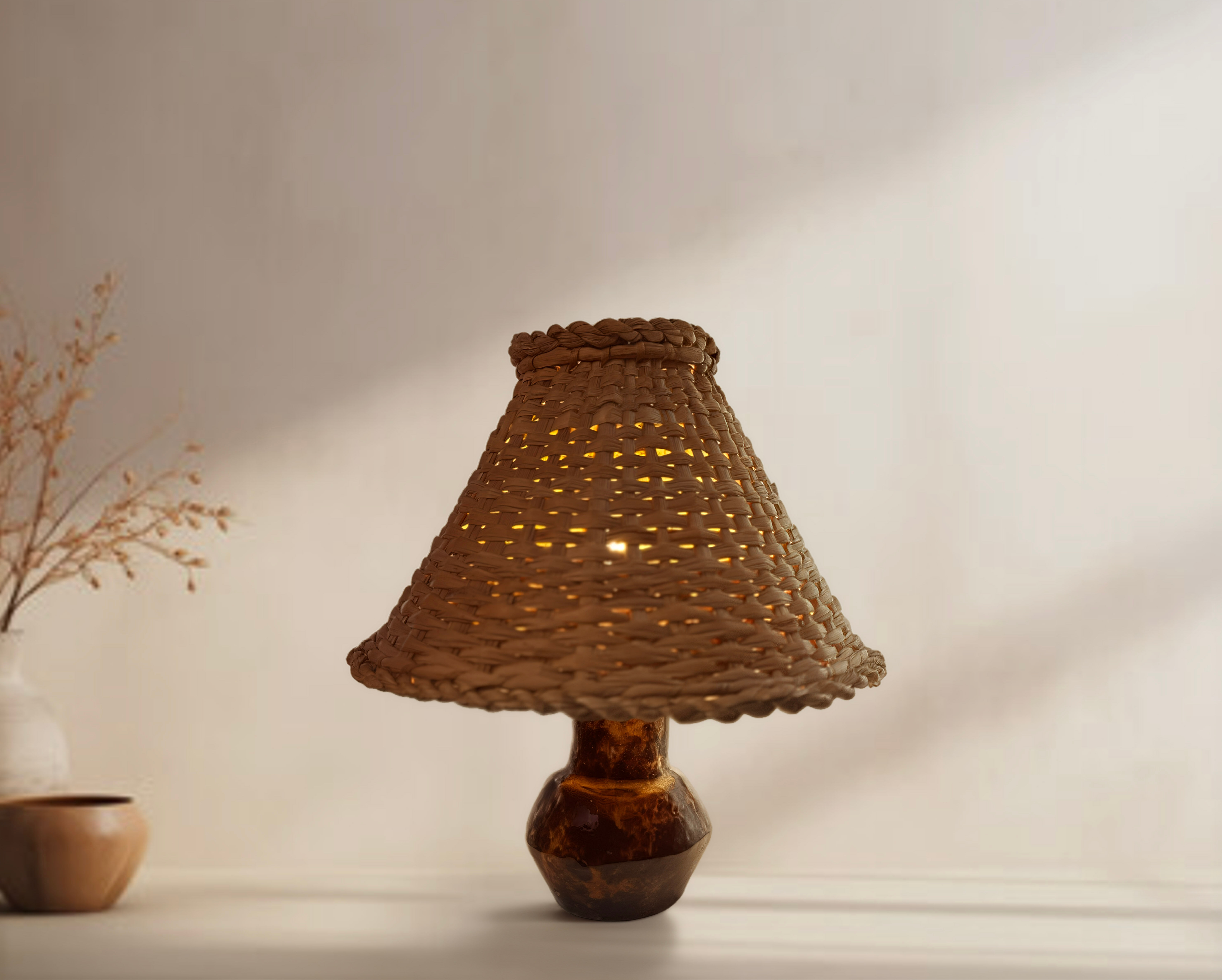Mid-century ceramic lamp with wicker cap