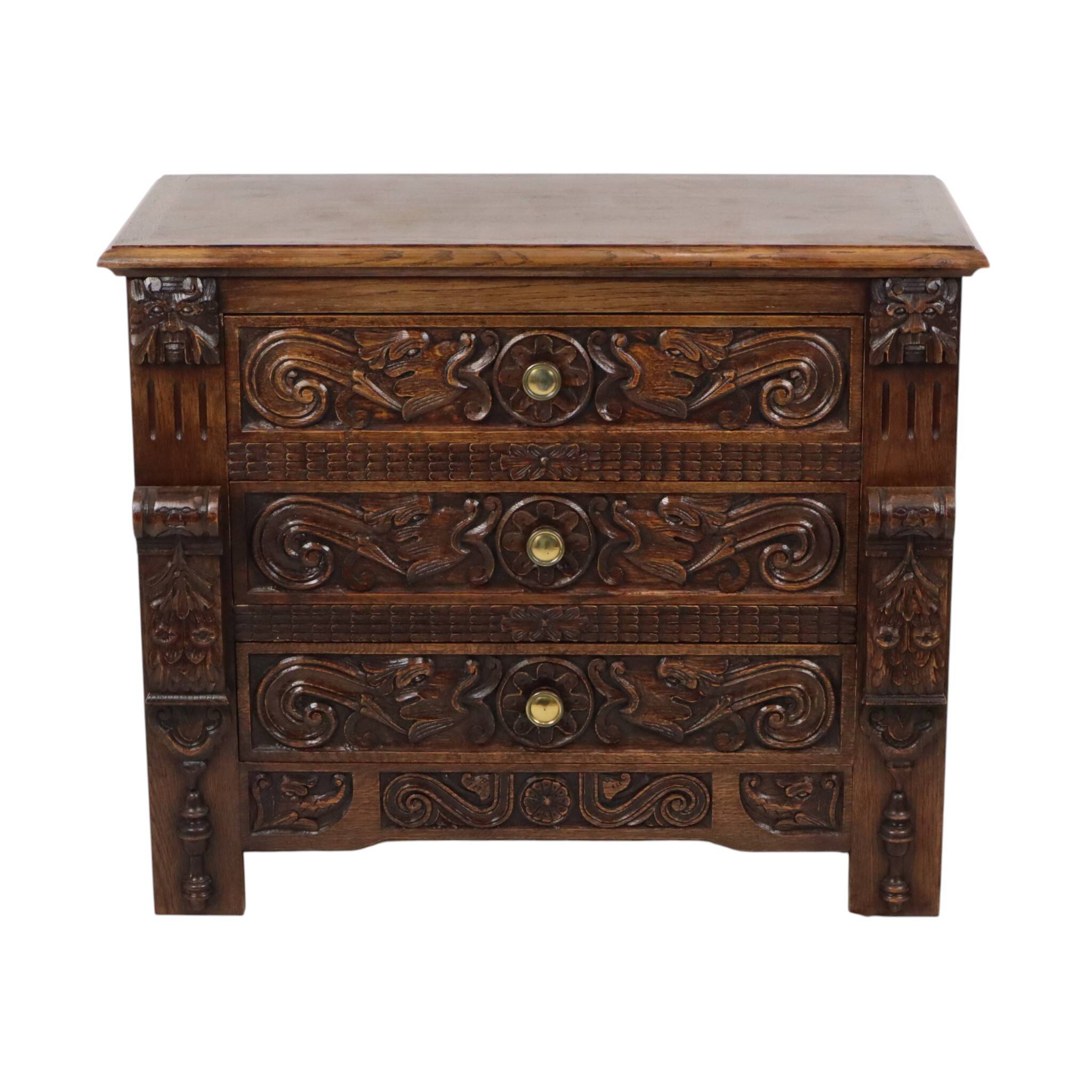 Vintage Carved Oak Cabinet/Chest of Drawers with Mythical Figures