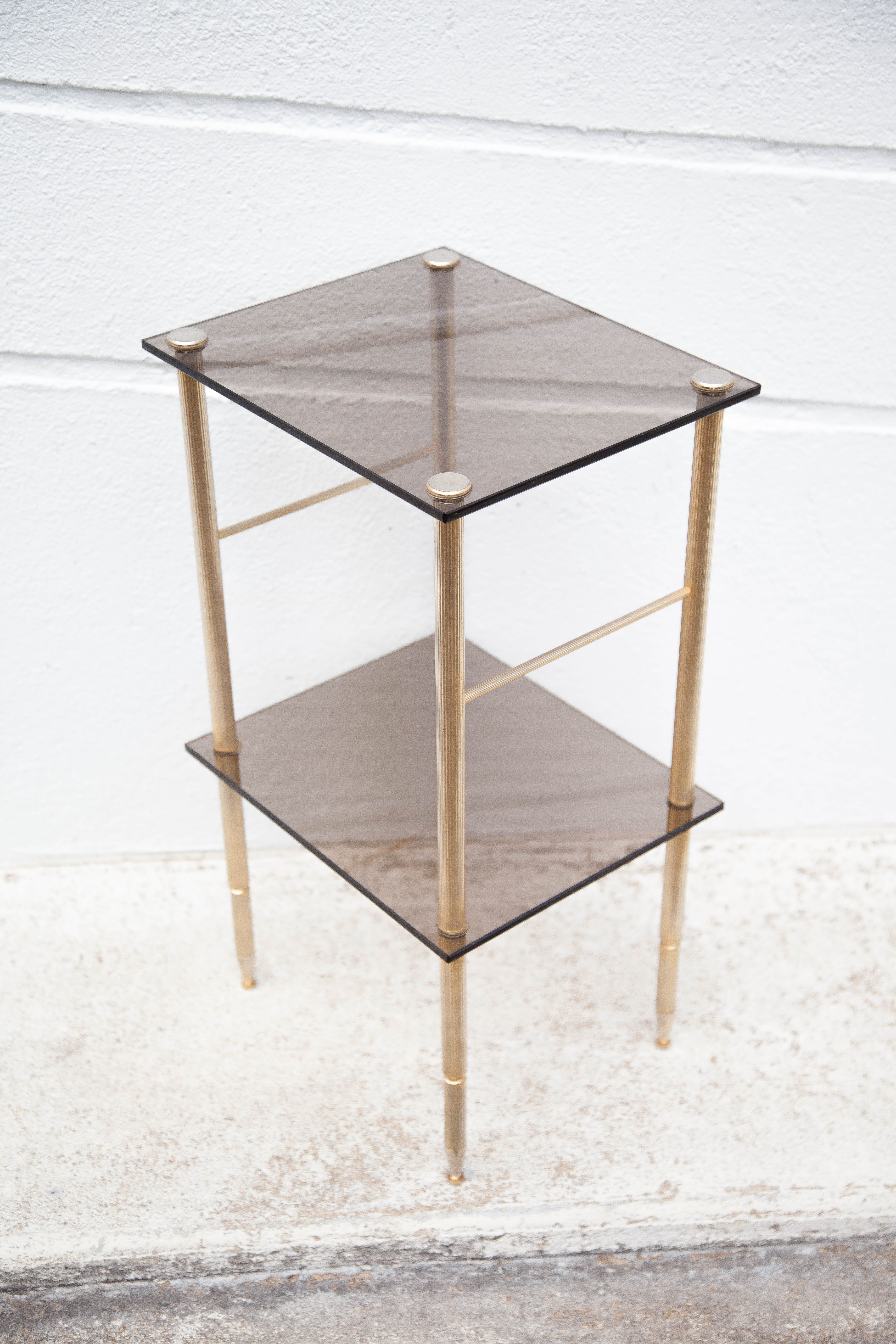 Vintage brass and smoked glass side table, pedestal table, bedside table, end table