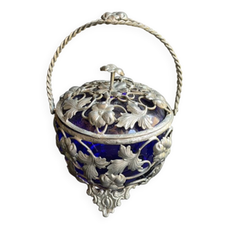 Bonbonnière/sugar bowl with handle - metal and glass - Art Nouveau