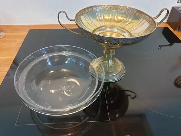 Art Deco brass cup and its engraved saucer.