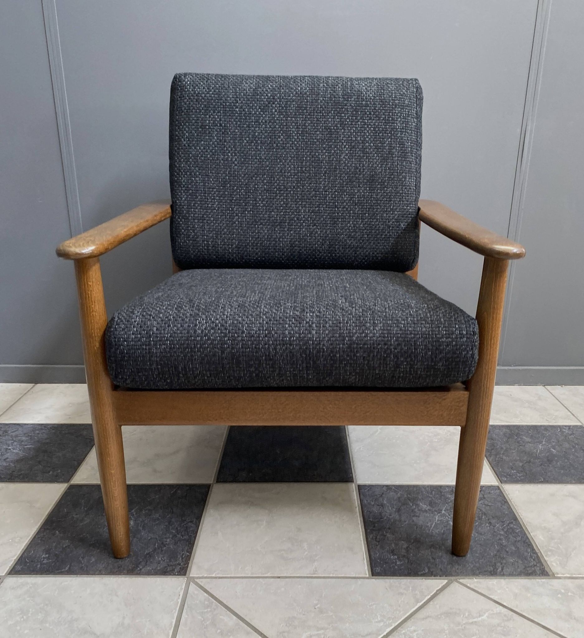 Black fabric relax chair, wiht wood frame 1960s