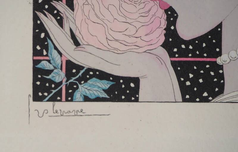 Georges Lepape: Art Deco, young woman with a rose, original signed engraving
