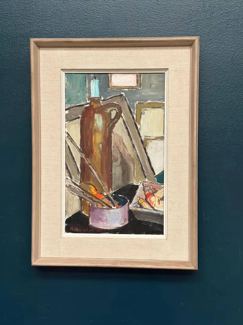Original Swedish Oil on Canvas – “Still Life” by Harry Holmberg – Signed – Dated 1956 – Vintage & Framed – 47 × 34.5 cm (18.5" × 13.6")