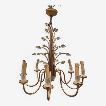 20th century gilded iron and glass leaf chandelier