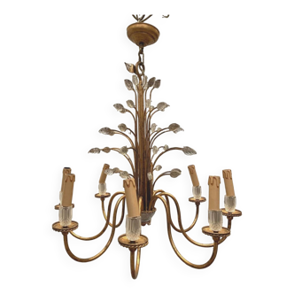 20th century gilded iron and glass leaf chandelier