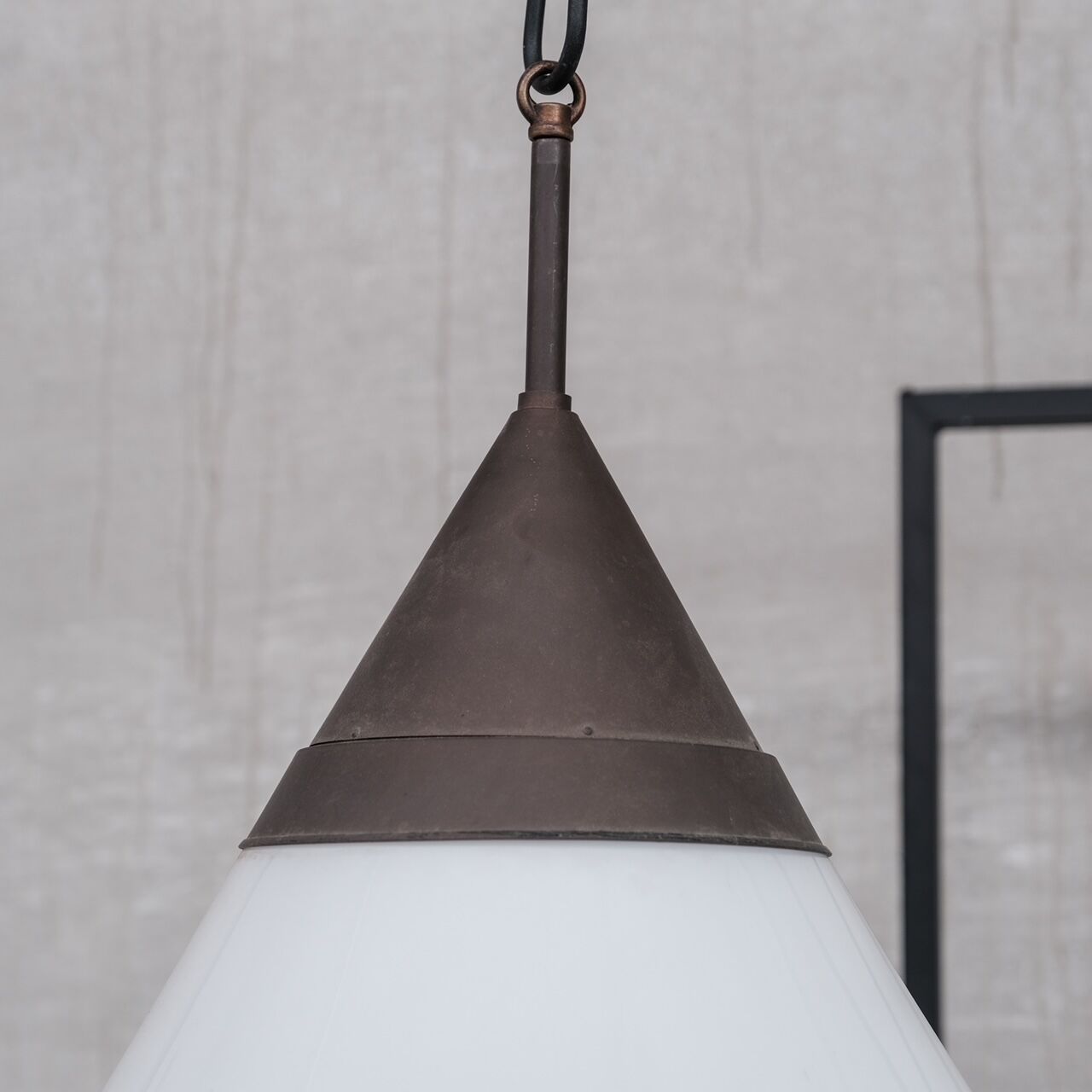Trio of xl conical opaline mid-century pendant lights 1950