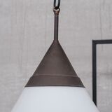 Trio of xl conical opaline mid-century pendant lights 1950