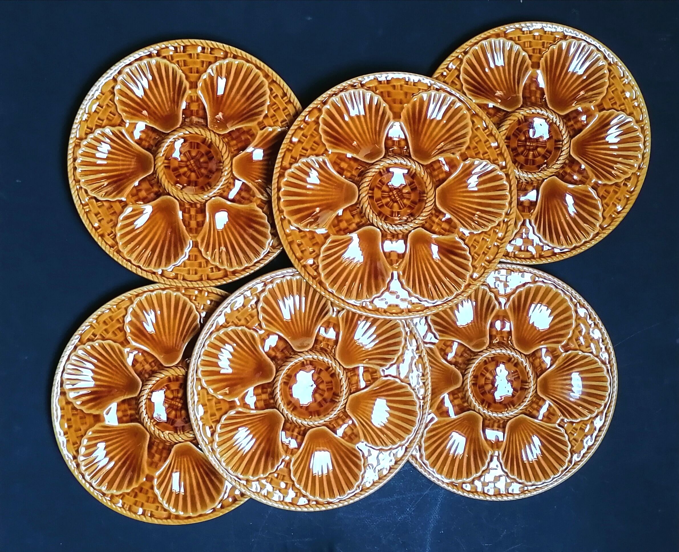 6 oyster plates majolica barbotine Longchamp