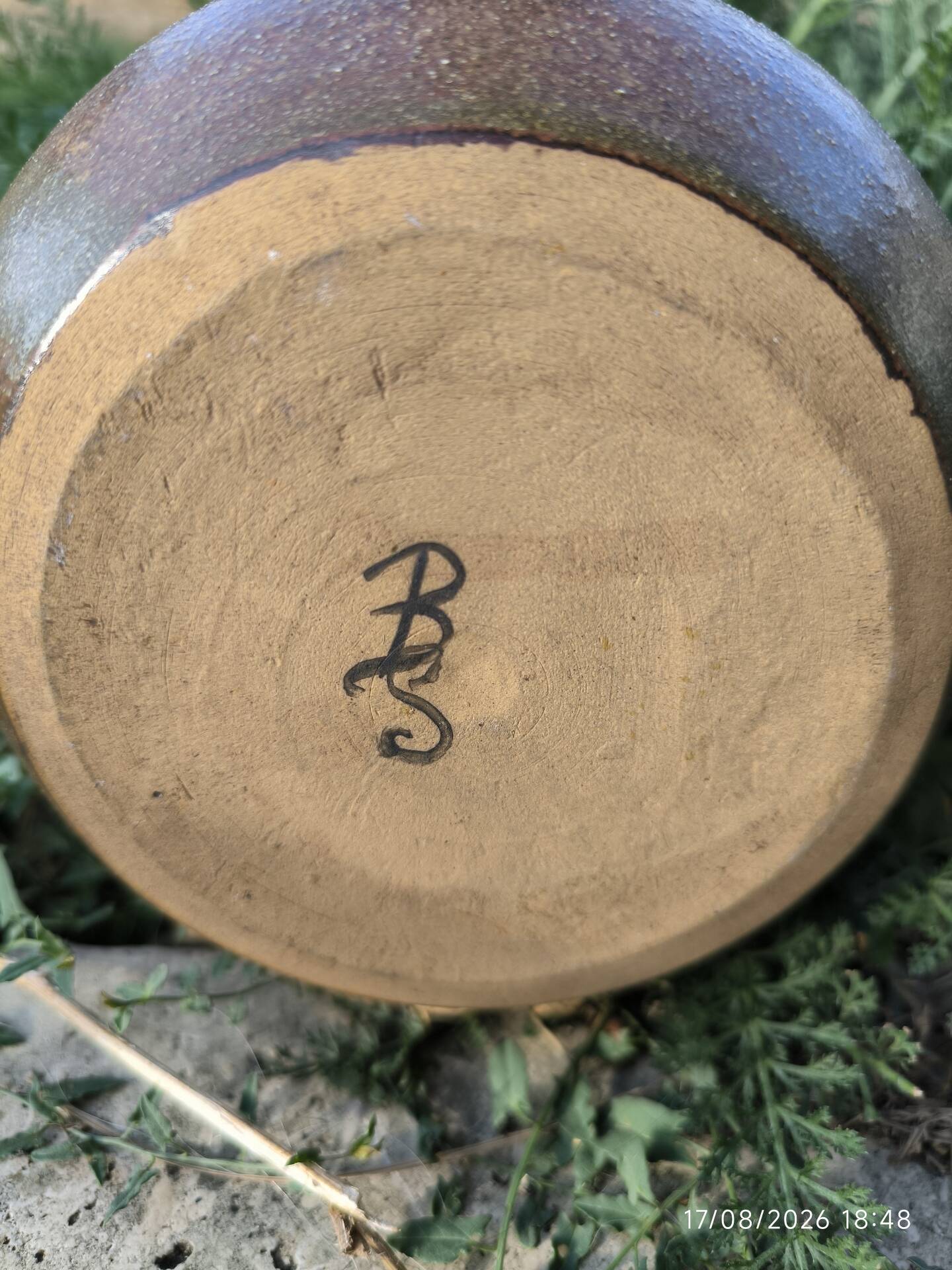 Vintage studio stoneware jug – monogram BS – 1950s/70s – H.