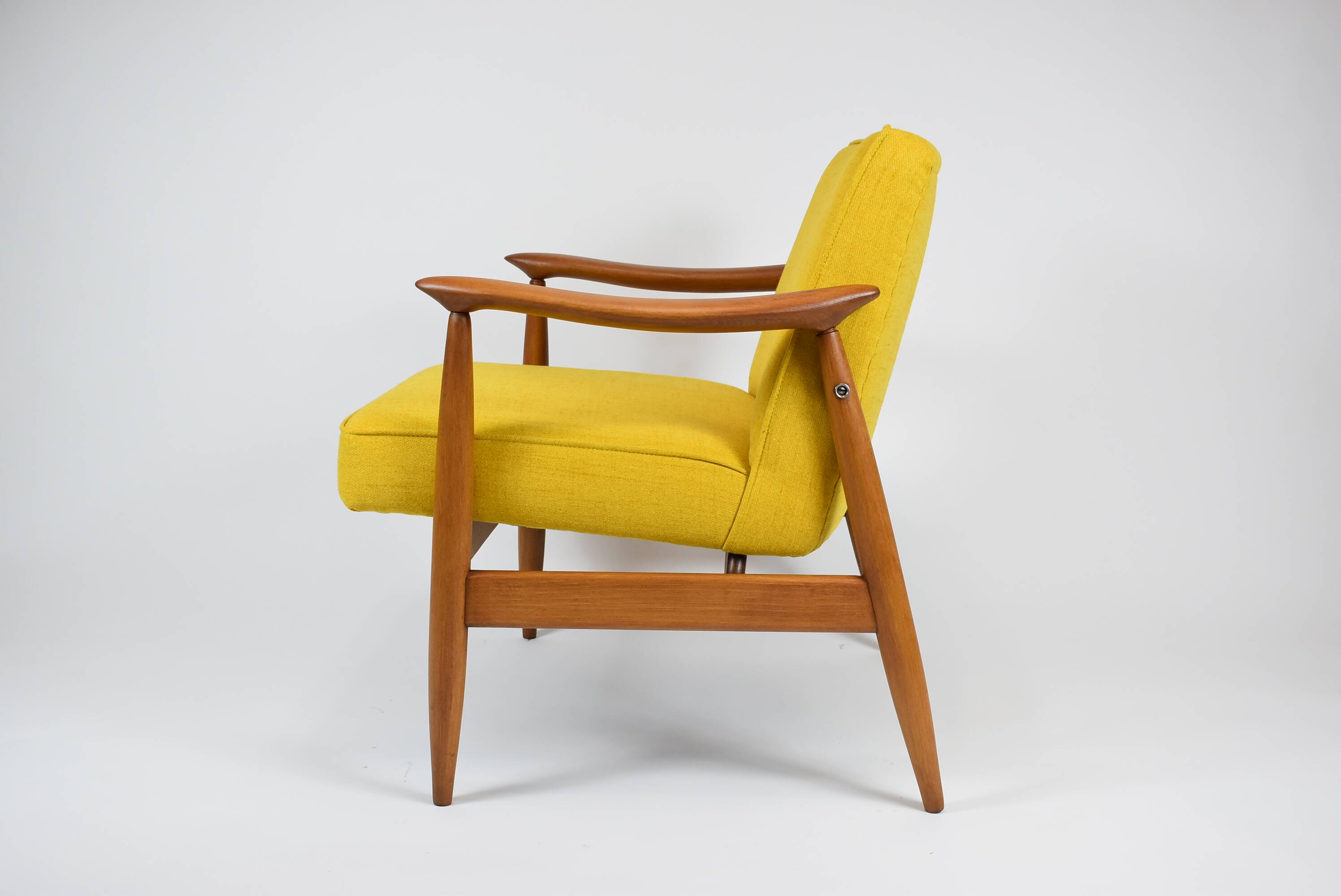 Vintage original armchair , 1960s, fully restored, yellow fabric, teak