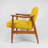 Vintage original armchair , 1960s, fully restored, yellow fabric, teak
