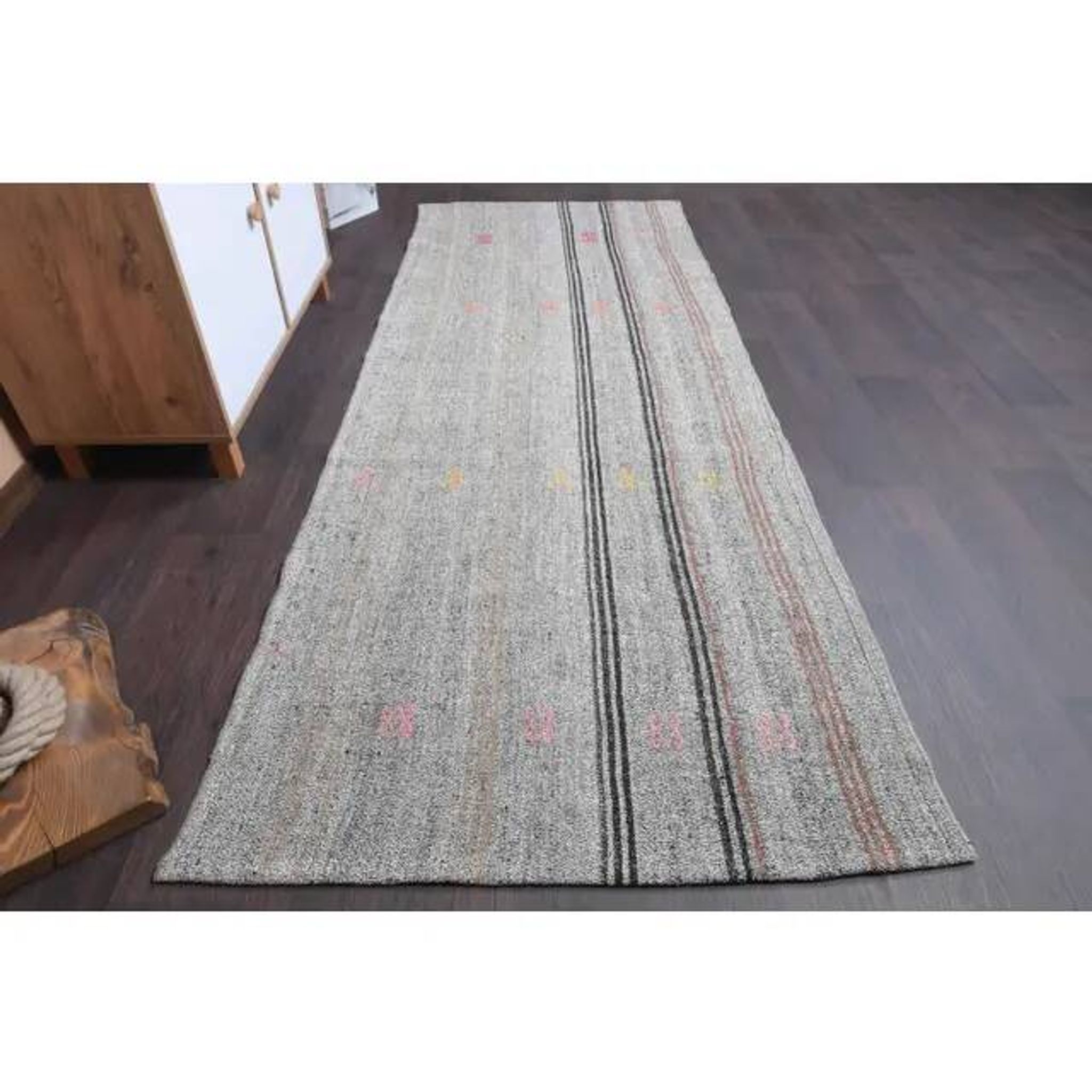 Vintage Turkish Hand-Knotted Wool Cotton Gray Kilim Runner 102x266