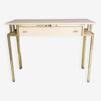 Table console postmoderne en formica rose pâle et laiton avec miroir mural, Italie