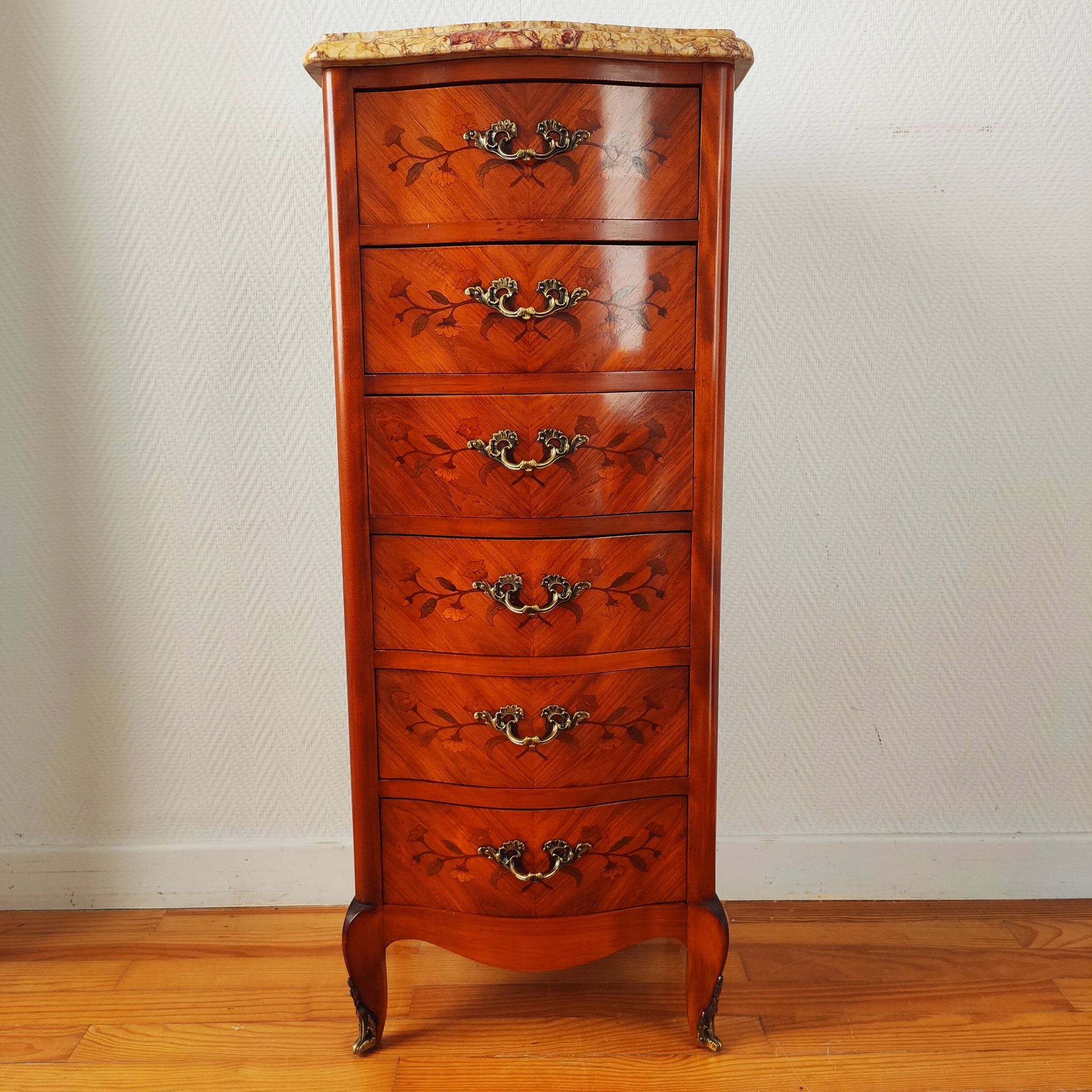 Curved chest of drawers in marquetry – marble top – Louis XV style