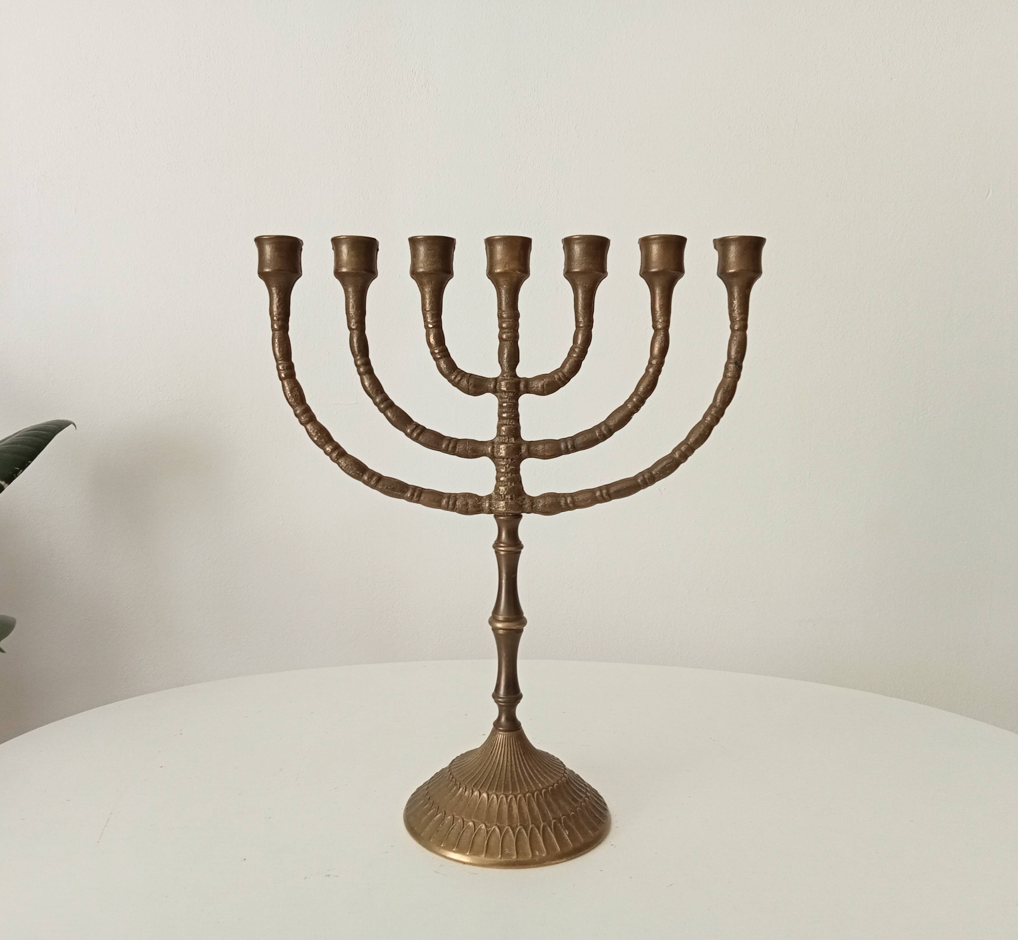 Vintage Hebrew Menorah Candlestick in Solid Brass from the 50s