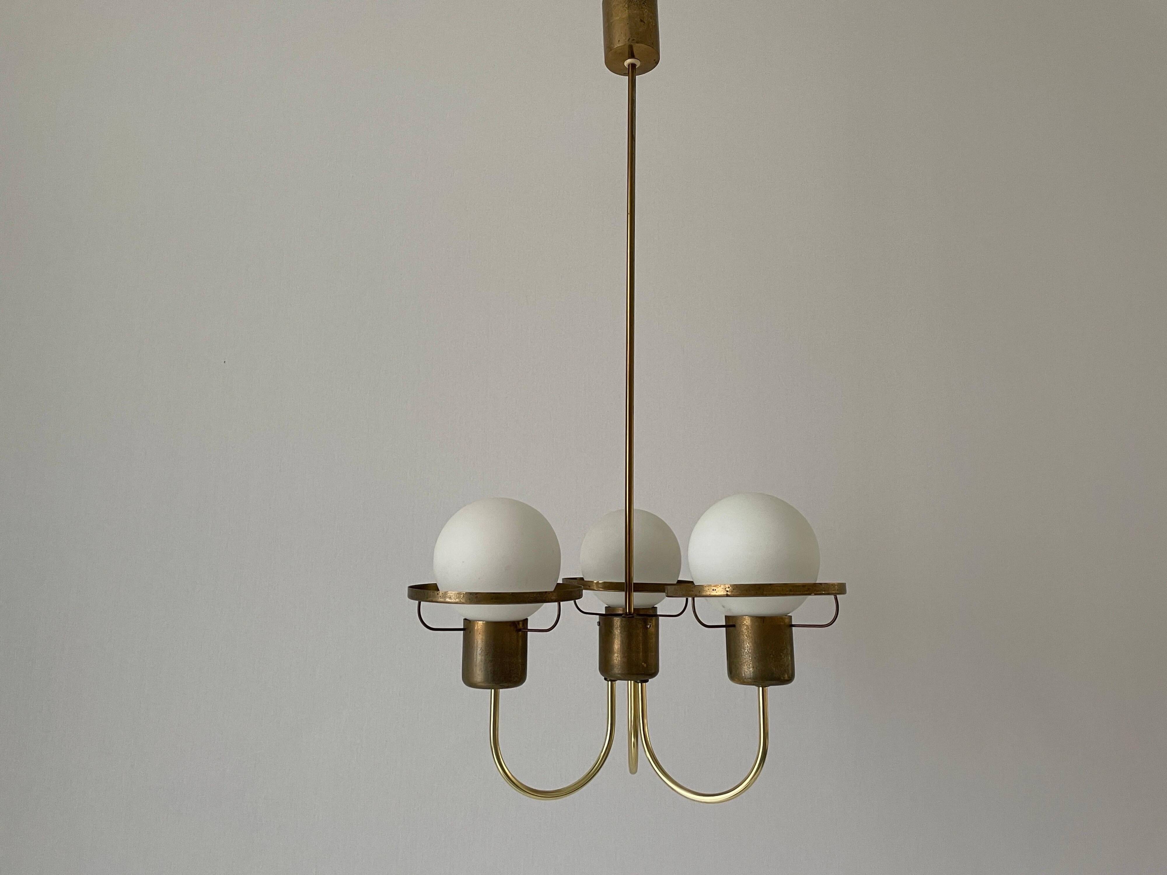 Suspended lamp with 3 glass balls and brass frame, Germany, 1960s