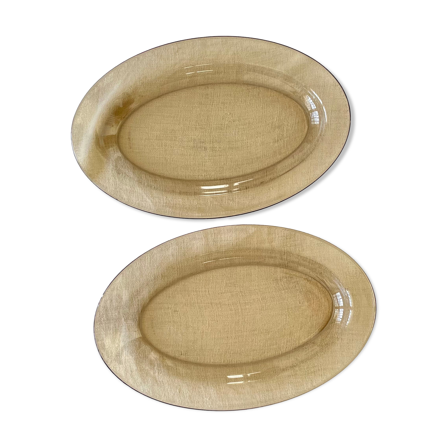 Set of 2 vintage oval dishes in Arcoroc "Shell" smoked glass France