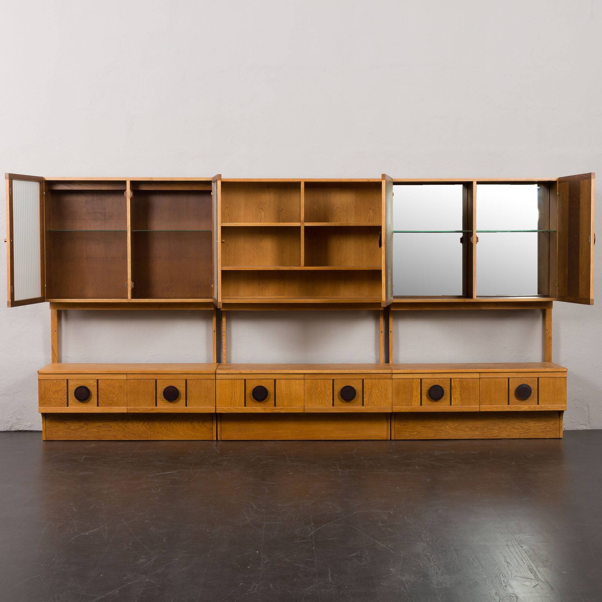 Scandinavian mid century oak wall unit with backlit, Denmark 1970s