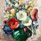 Bouquet champêtre, ancienne huile sur panneau