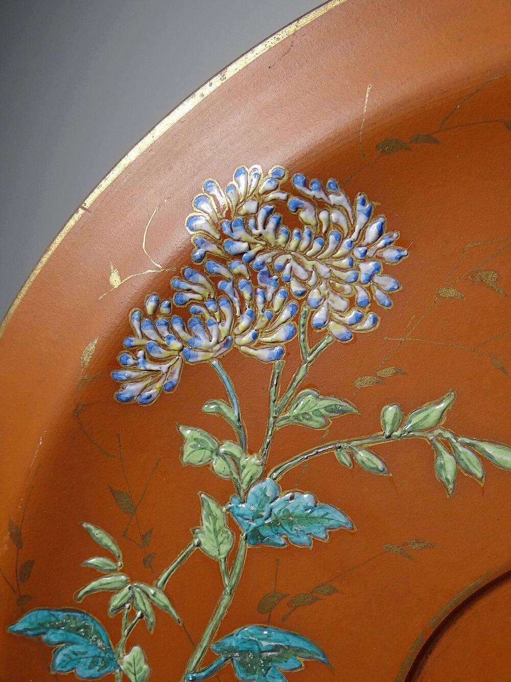 Large old clay/terracotta dish with Japanese Art Nouveau enamel