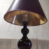 Turned wood table lamp in plum color - 1970s