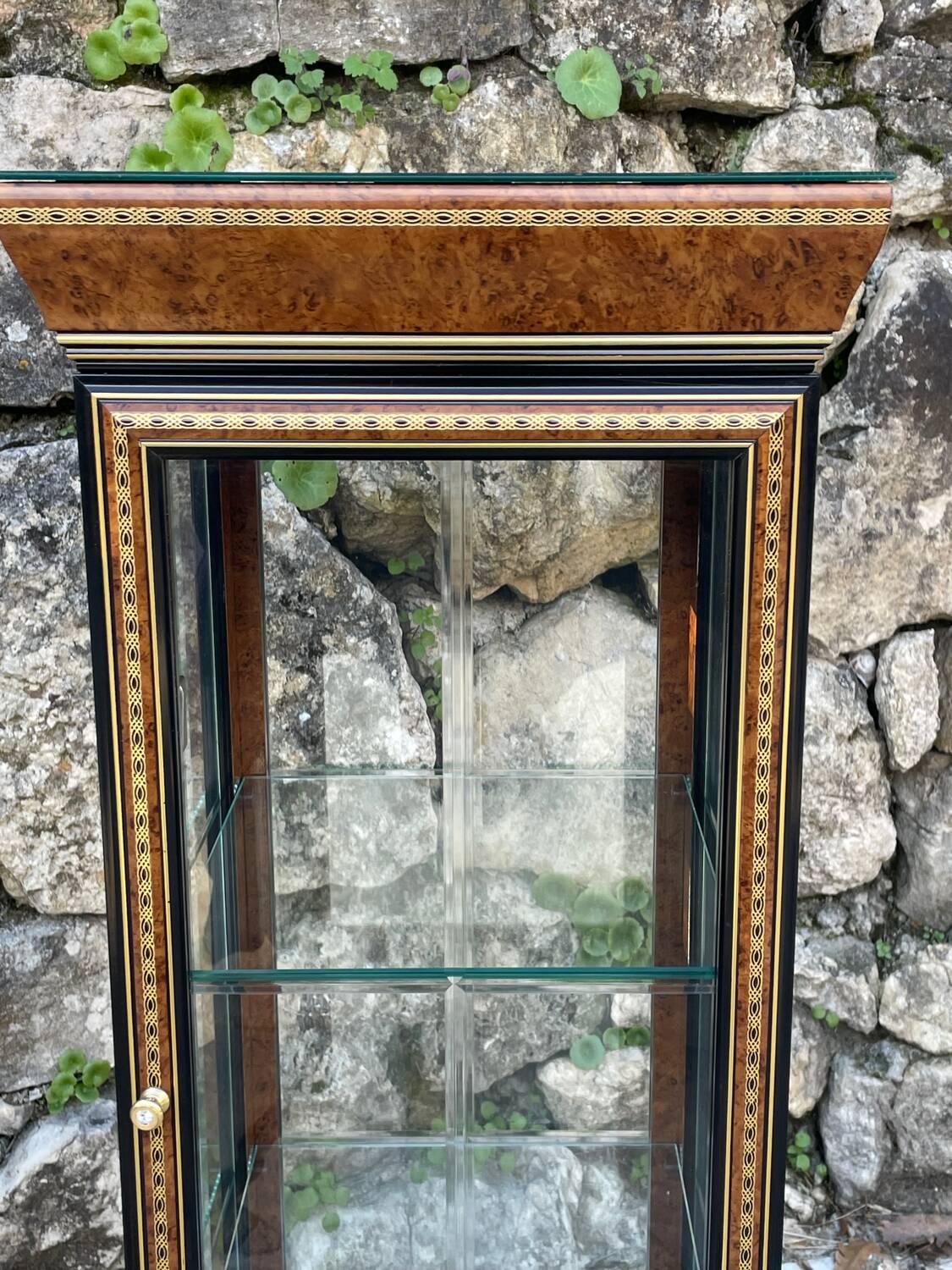 Pair of display cases in magnifying glass and black & gold lacquer, 20th century period