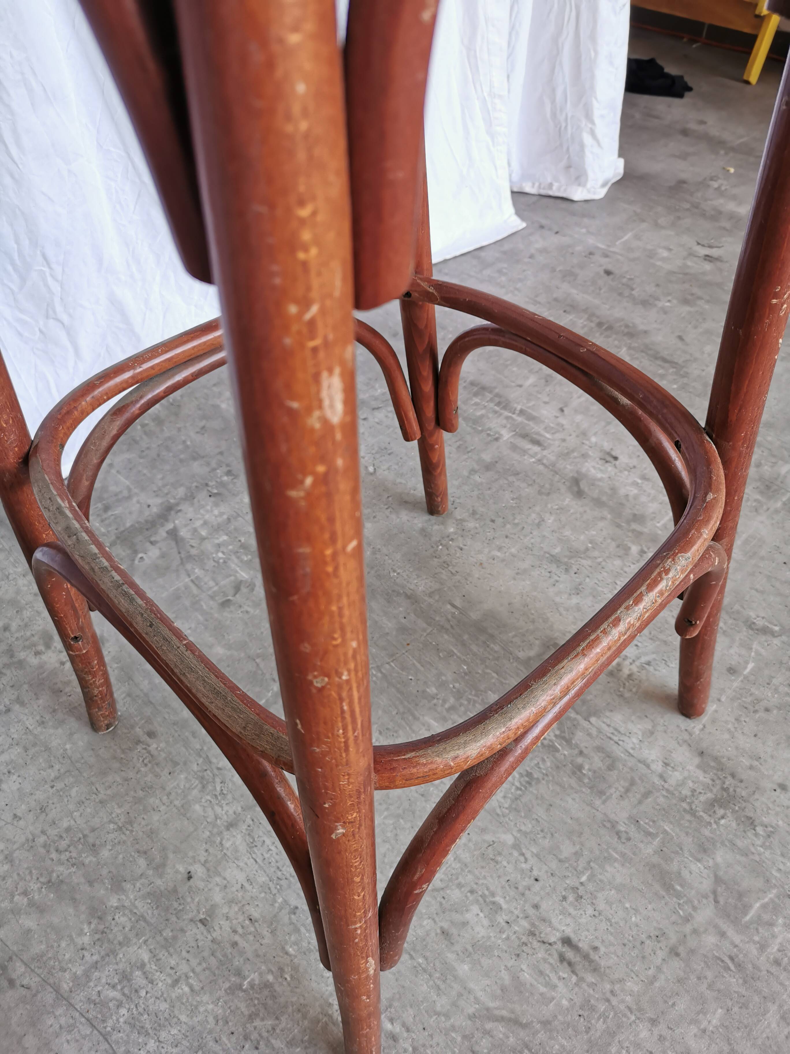 Mid-Century Thonet Style Bar Stools: Red Faux Leather Seat, Set of 2