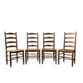 Ensemble de 4 chaises de salle à manger, chaises à dossier échelle en chêne rustique, années 1960, Belgique, sièges en osier.