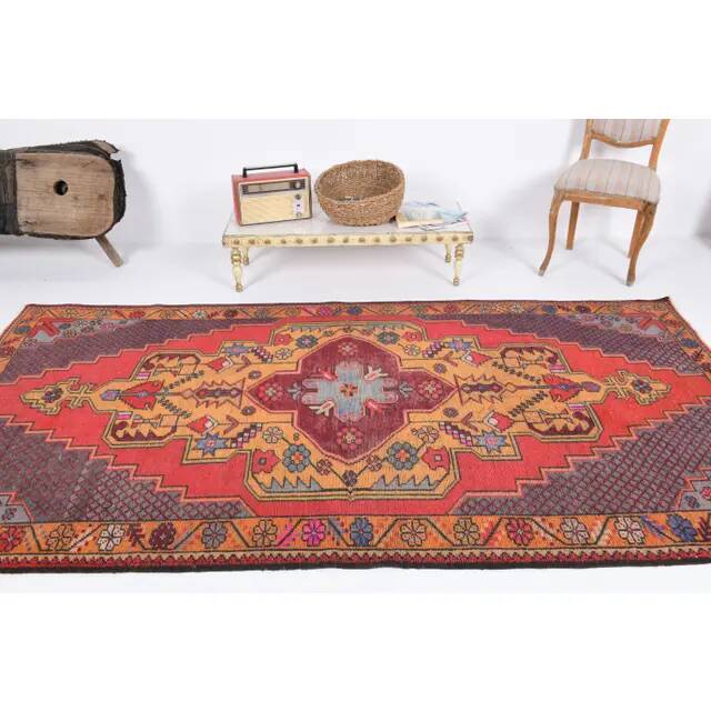 1970s Vintage Turkish Hand-Knotted Wool Cotton Red Runner Rug 145x278