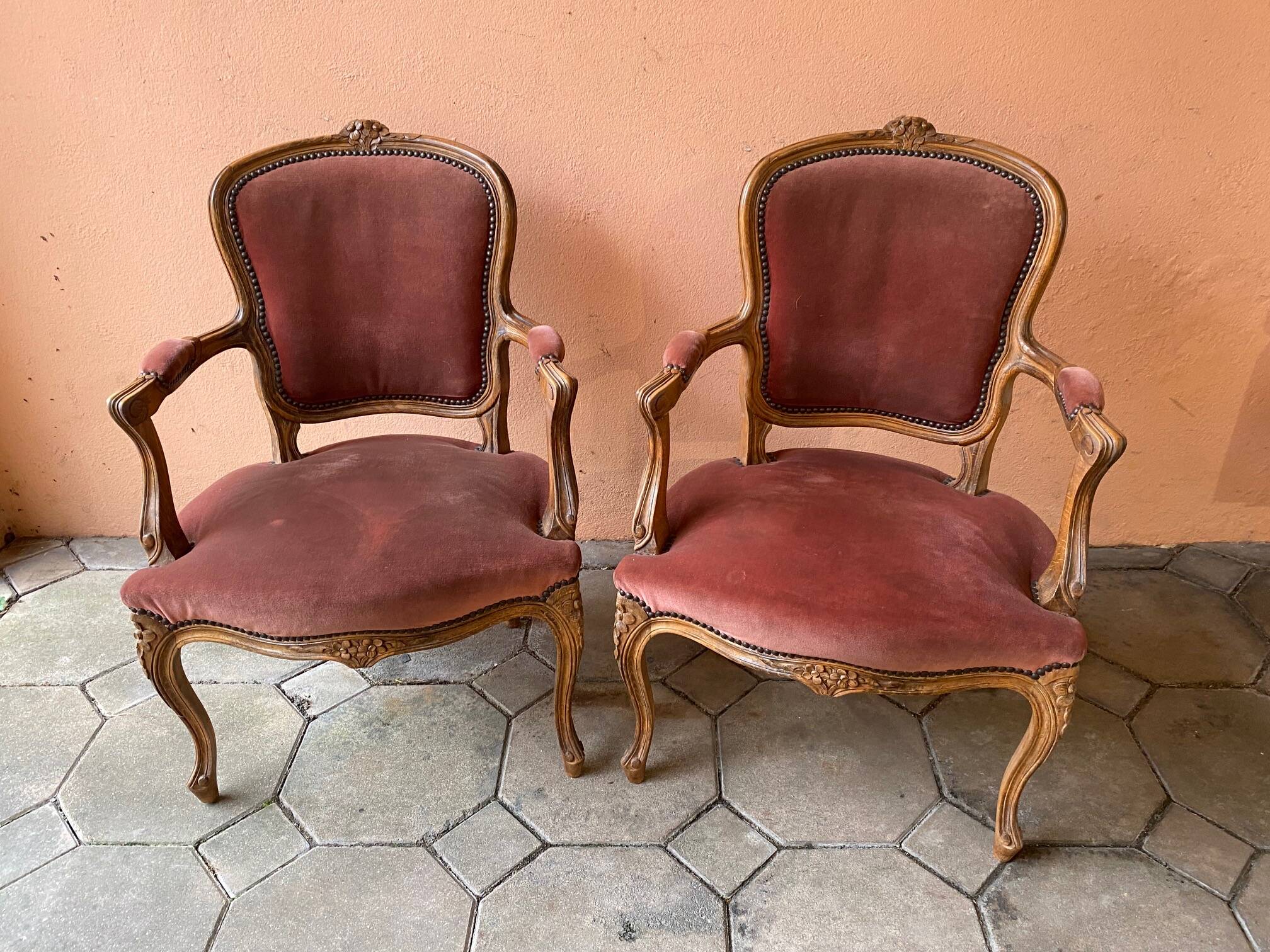 Pair of louis xv style bergeres armchairs with pink velvet armrests