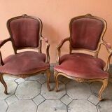 Pair of louis xv style bergeres armchairs with pink velvet armrests